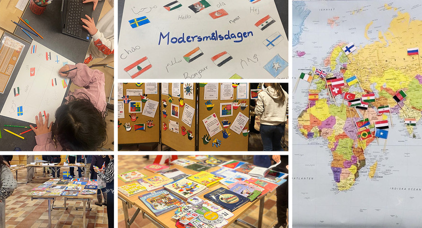 Kollage med barnteckningar, flaggor på en karta, uppsatta citat och utställda läroböcker i olika språk.