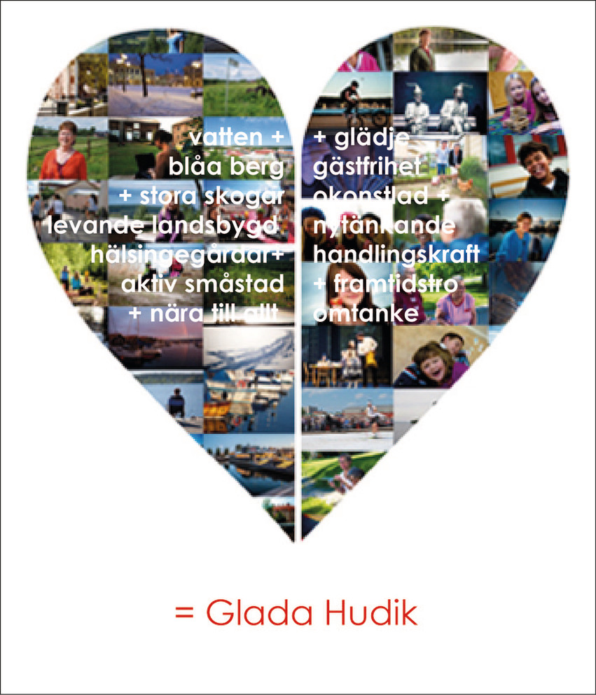 Ett stor hjärtformad bild innehållande ett bildkollage med bland annat barn i olika situationer. Ovanpå bilden finns några meningar i vit text som beskriver vad som kännetecknar Glada Hudik.