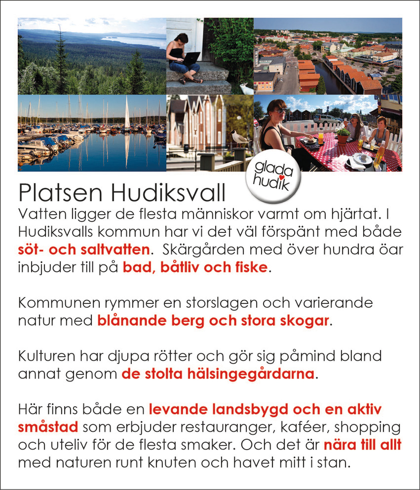 Ett bildkollage från fyra olika platser i Hudiksvall. Skog, centrala Hudiksvall, båthamnen och uteserveringen på Dackås konditori. Under bilden finns en text om "Platsen Hudiksvall".