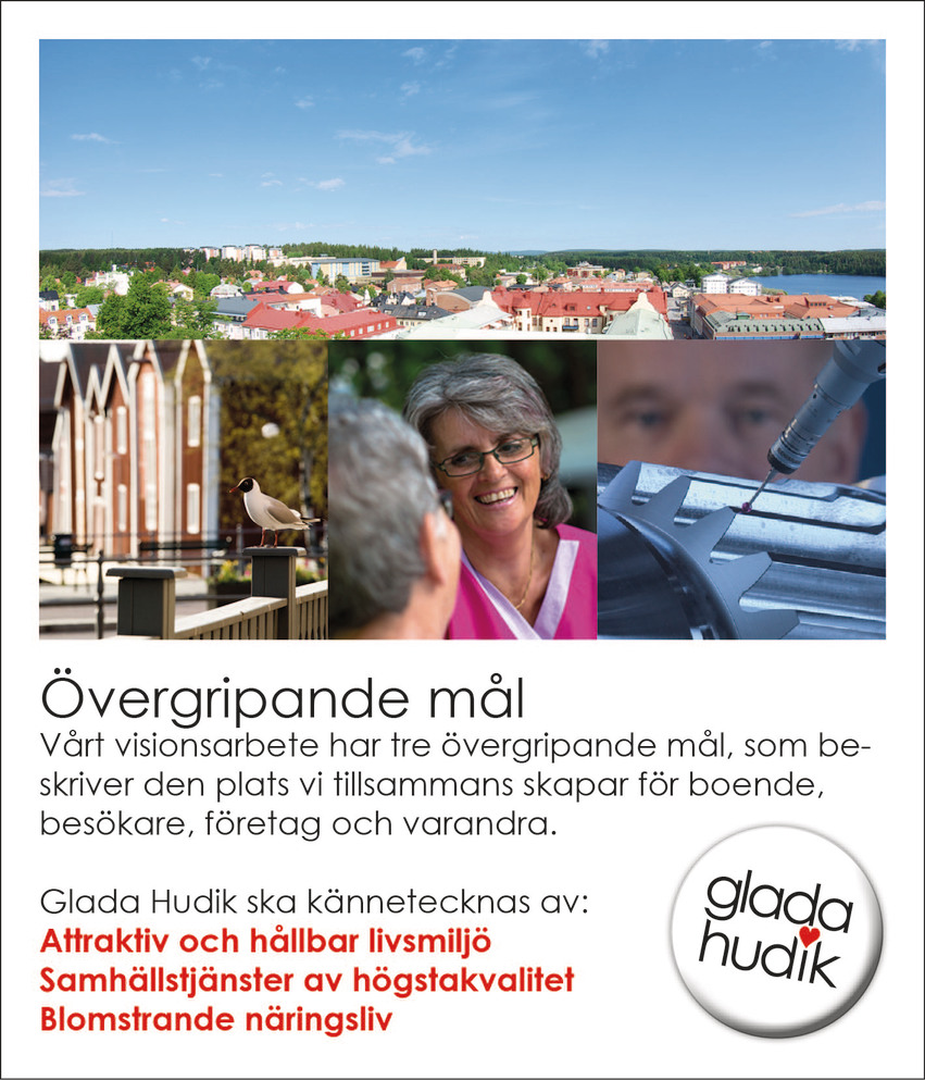 Bildkollage - utsikt över centrala Hudiksvall, båthusen vid Möljen, en anställd på ett äldreboende pratar med en boende sittande på en bänk utomhus och en man som arbetar inom industrin. Under bilden finns en text om "Övergripande mål".