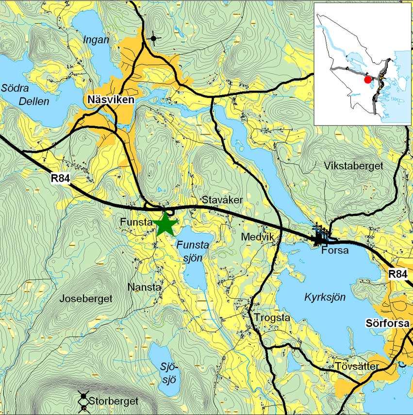 Kartbild över Funsta med omgivning.