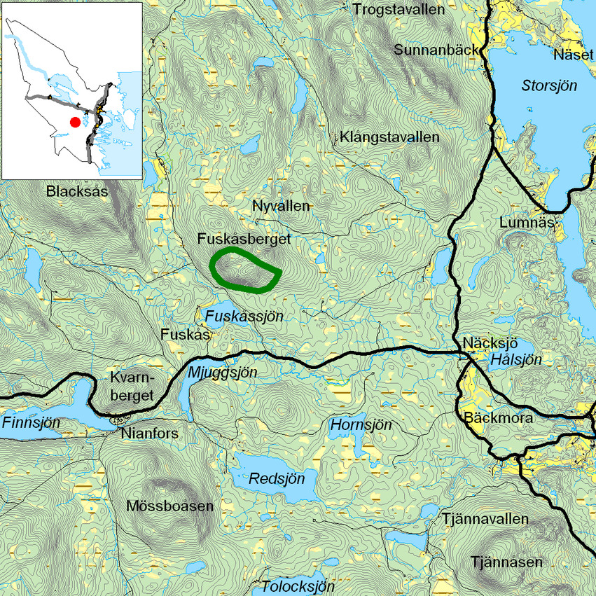 Kartbild över Fuskåsberget med omgivning.