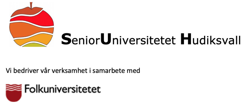 Grafisk bild med texten: Senioruniversitetet Hudiksvall. Vi bedriver vår verksamhet i samarbete med Folkuniversitetet.