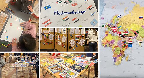Kollage med barnteckningar, flaggor på en karta, uppsatta citat och utställda läroböcker i olika språk.